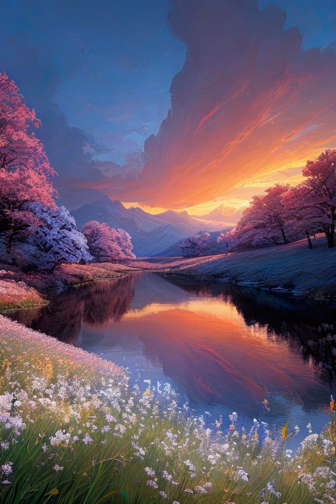Serene sunset landscape with lake, fields, and mountains.