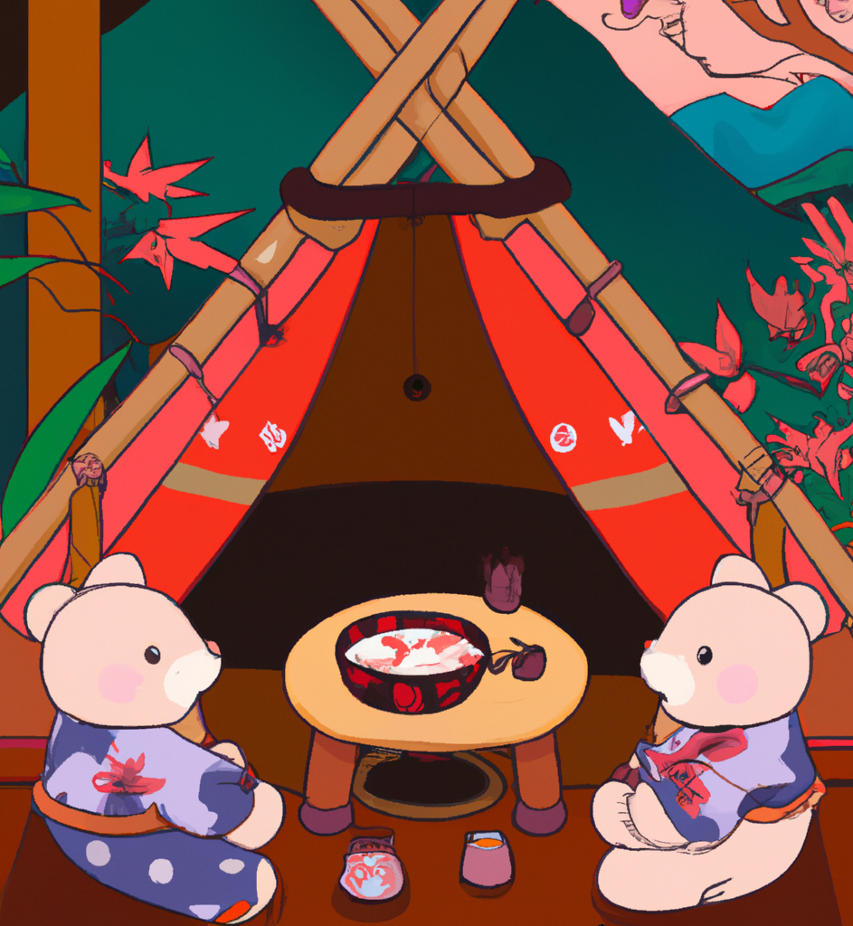 cute bears glamping in japanese ukiyo-e style